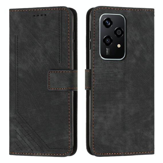 Custodia per telefono in pelle con motivo a strisce Global Skin Feel per Honor 200 Lite con cordino (nero)