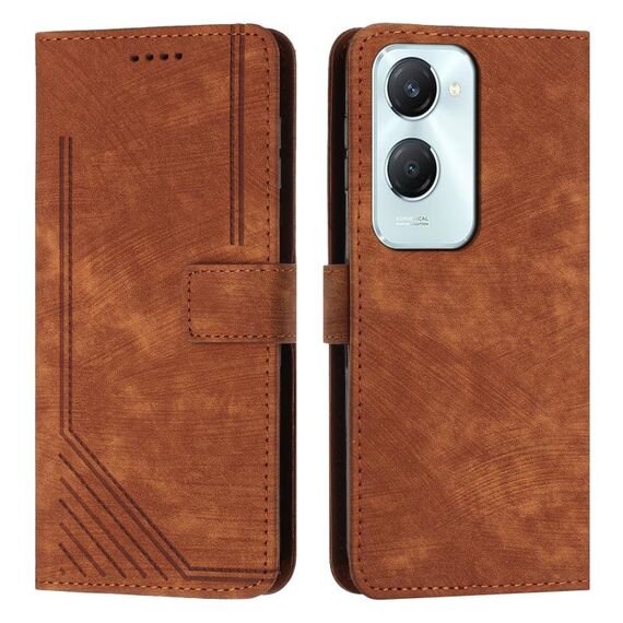 Custodia per cellulare in pelle con motivo a strisce per vivo Y03 / Y18 / Y18e con cordino (marrone)