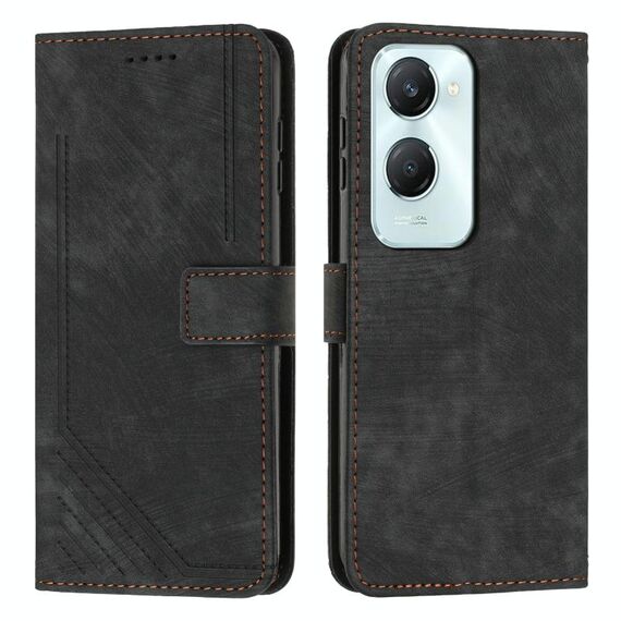 Custodia per cellulare in pelle con motivo a strisce per vivo Y03 / Y18 / Y18e con cordino (nero)