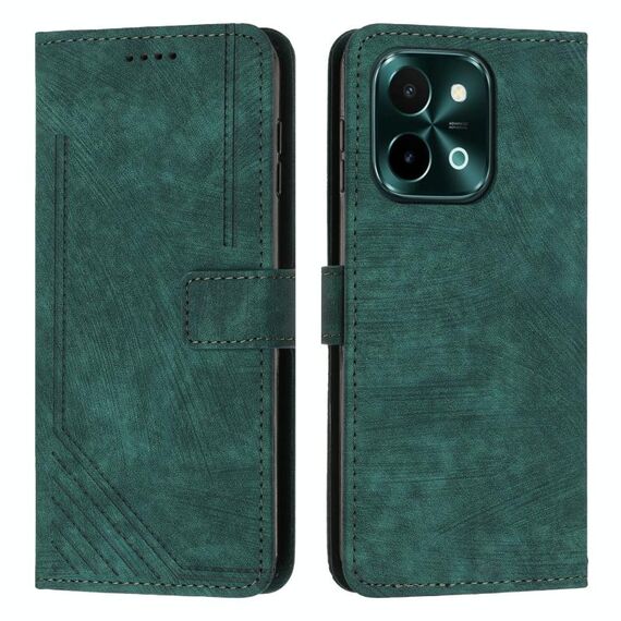 Custodia per cellulare in pelle con motivo a strisce per vivo Y28 4G con cordino (verde)