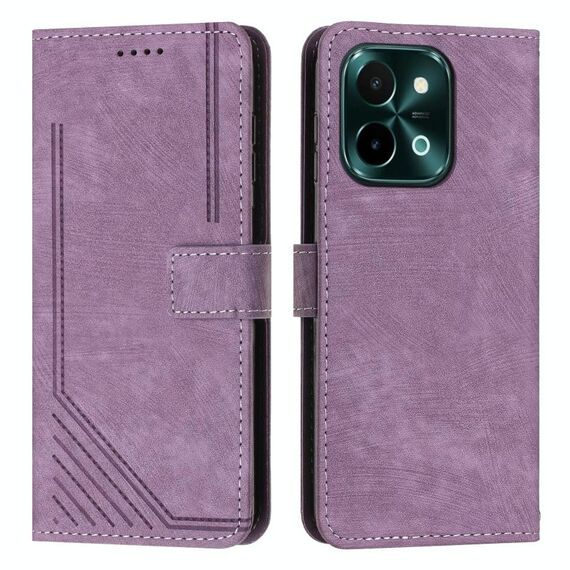 Custodia per cellulare in pelle con motivo a strisce per vivo Y28 4G con cordino (viola)