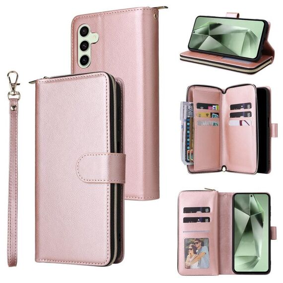 Per Samsung Galaxy S24 FE 5G 9-Slot per schede Portafoglio con cerniera Custodia in pelle per telefono (oro rosa)