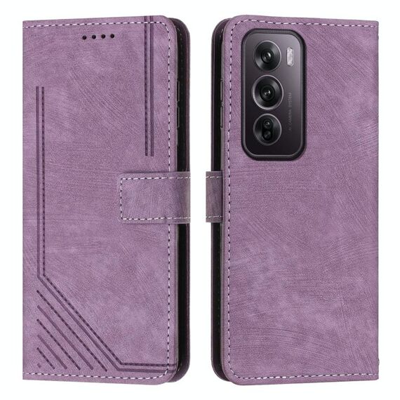 Per OPPO Reno12 Pro Custodia per telefono in pelle con motivo a strisce Global Skin Feel con cordino lungo (viola)