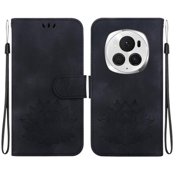 Custodia per telefono in pelle goffrata Honor Magic6 Pro Lotus (nera)