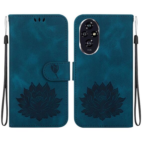 Custodia per telefono in pelle goffrata Honor 200 Lotus (blu scuro)