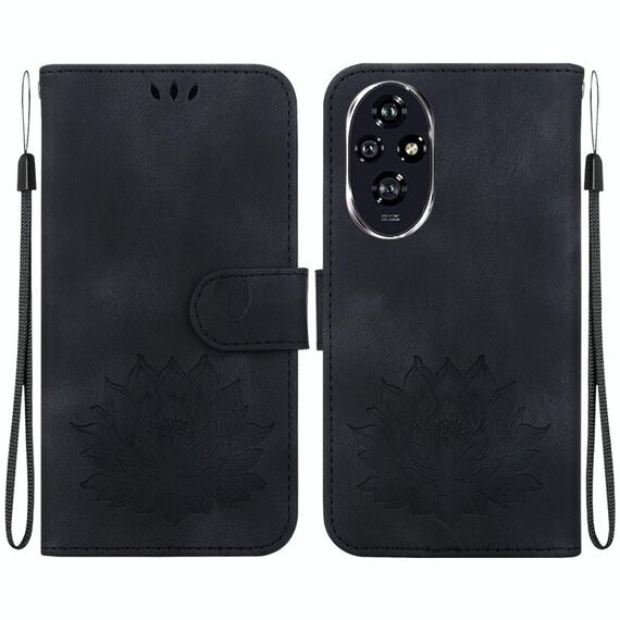Custodia per telefono in pelle goffrata Honor 200 Lotus (nera)