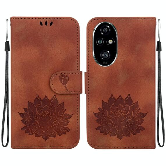 Custodia per telefono in pelle goffrata con motivo a loto per Honor 200 Pro (marrone)