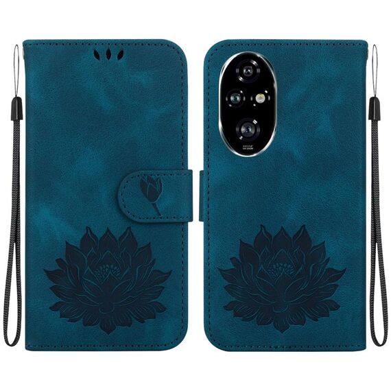 Custodia per telefono in pelle goffrata Honor 200 Pro Lotus (blu scuro)