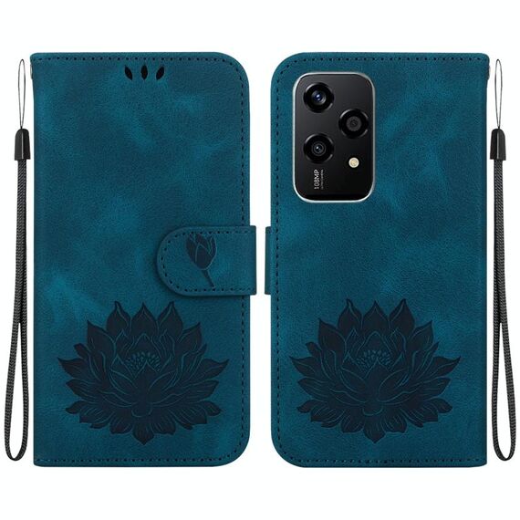 Custodia per telefono in pelle goffrata Global Lotus per Honor 200 Lite (blu scuro)