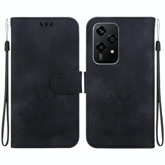 Custodia per telefono in pelle goffrata con motivo a loto globale per Honor 200 Lite (nero)