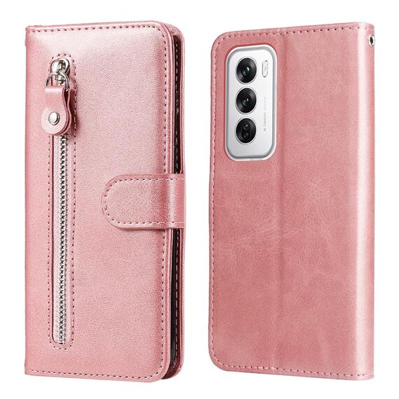 Per OPPO Reno12 5G Global Fashion Custodia in pelle con cerniera con texture di vitello (oro rosa)