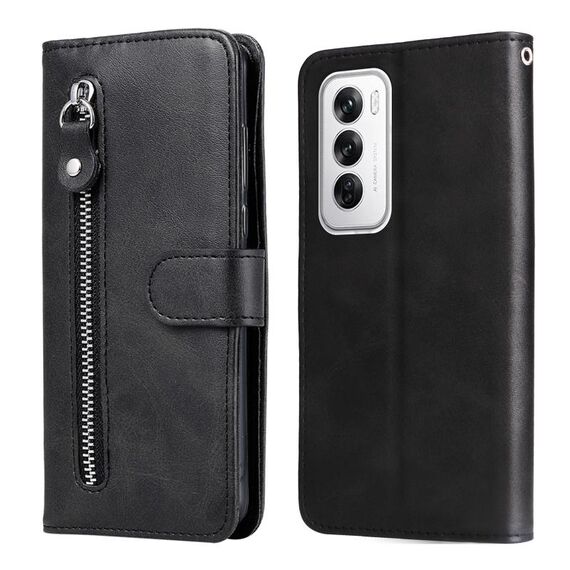 Per OPPO Reno12 5G Global Fashion Custodia in pelle con cerniera con texture di vitello (nera)