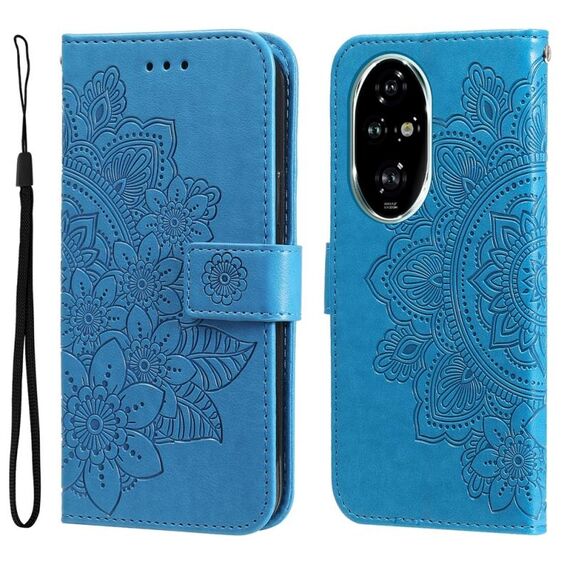 Custodia per telefono in pelle con stampa a sette petali di fiori per Honor 200 Pro (blu)