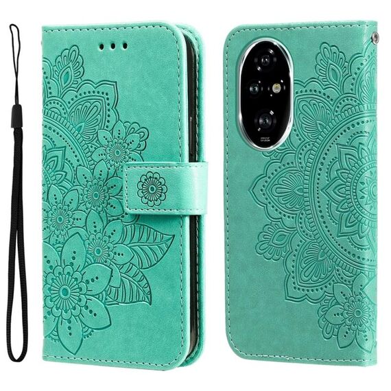 Custodia per telefono in pelle con stampa a fiori a 7 petali per Honor 200 Pro (verde)