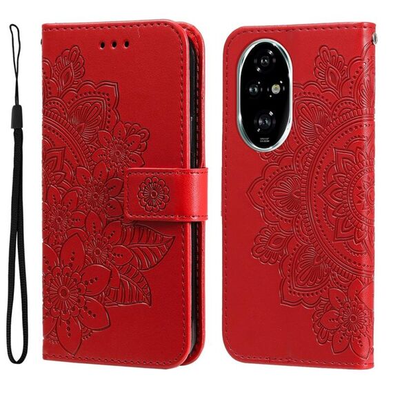 Custodia per telefono in pelle con stampa a sette petali di fiori per Honor 200 Pro (rossa)