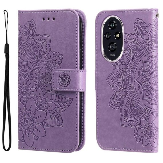 Custodia in pelle con stampa a fiori a 7 petali per Honor 200 (viola chiaro)