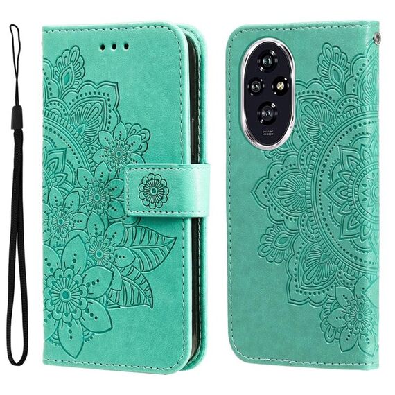 Custodia per telefono in pelle con stampa a sette petali di fiori per Honor 200 (verde)