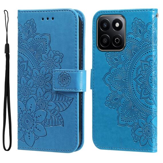 Custodia in pelle con stampa a fiori a sette petali per Honor Play 60 Plus (blu)