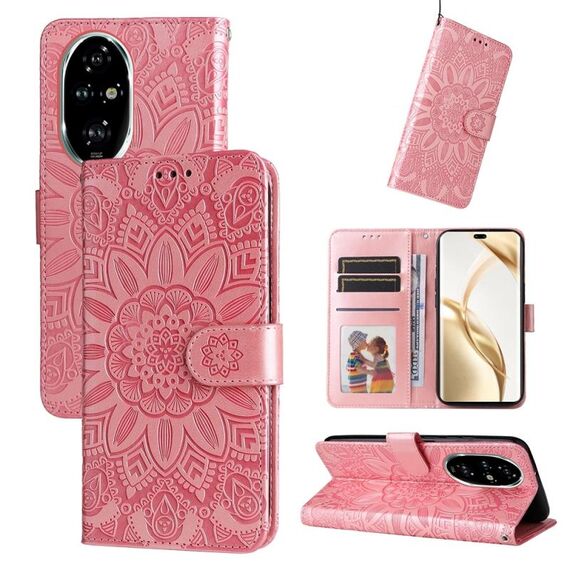 Custodia per telefono in pelle girasole goffrata per Honor 200 Pro (oro rosa)