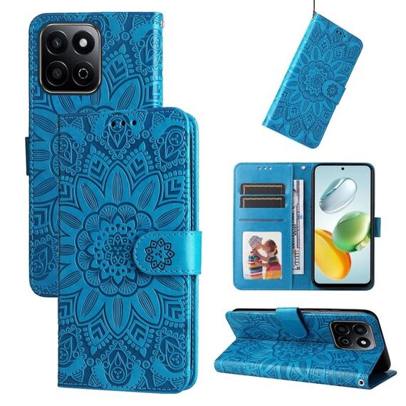 Custodia per telefono in pelle con motivo girasole in rilievo per Honor Play 60 Plus (blu)