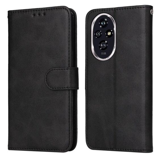 Custodia per telefono in pelle flip con texture classica in vitello per Honor 200 (nera)