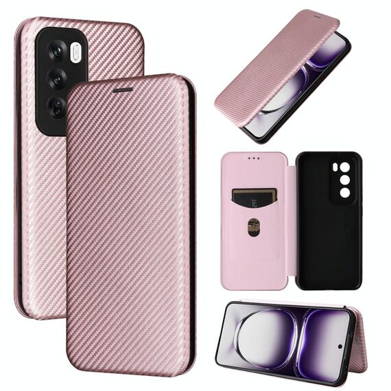 Per OPPO Reno12 5G Custodia per cellulare in pelle con texture globale in fibra di carbonio (rosa)