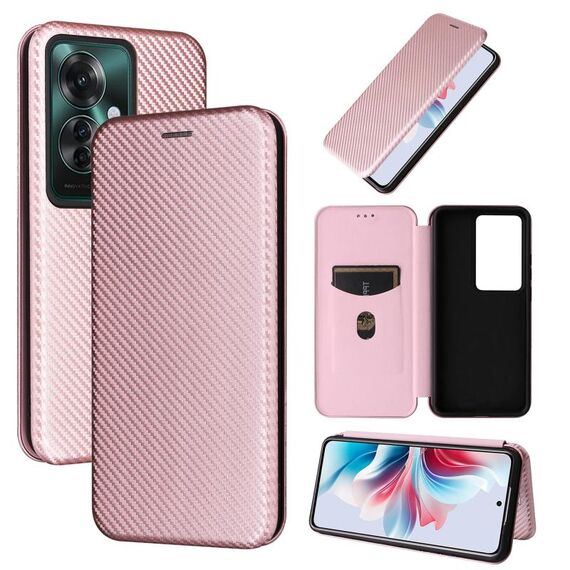 Per OPPO Reno11 PJH110 Custodia in pelle con texture in fibra di carbonio (rosa)