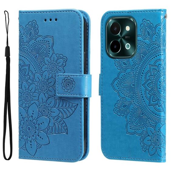 Per vivo Y28 4G Global Custodia per cellulare in pelle con fiori a 7 petali (blu)