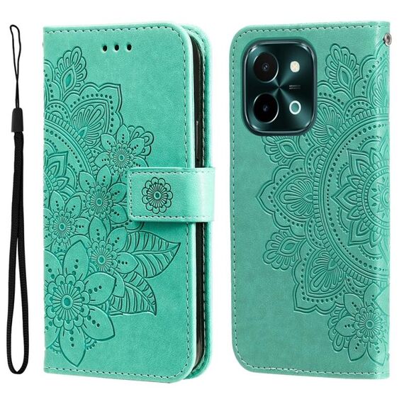 Per vivo Y28 4G Global Custodia per cellulare in pelle con fiori a 7 petali (verde)