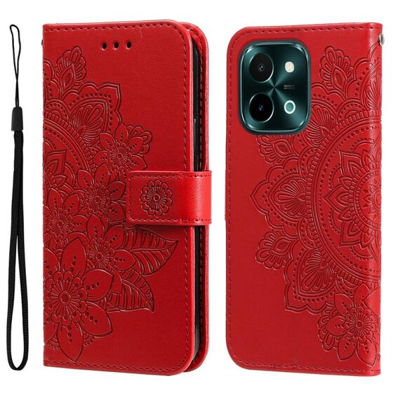 Per vivo Y28 4G Global Custodia per cellulare in pelle con fiori a 7 petali (rossa)