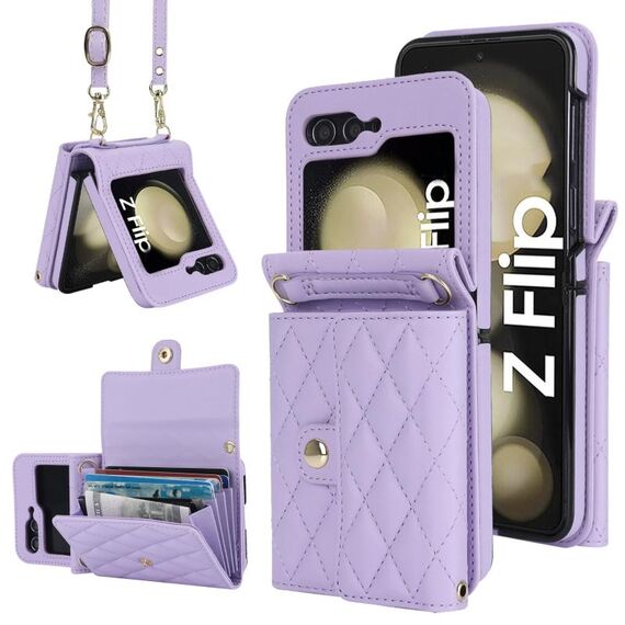 Custodia per telefono in PU con trama rombica per Samsung Galaxy Z Flip6 con cordino lungo (viola)