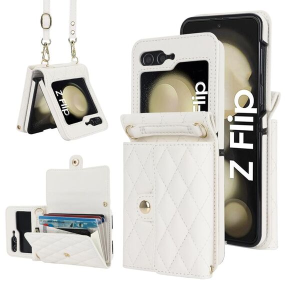 Custodia per telefono in PU con trama rombica per Samsung Galaxy Z Flip6 con cordino lungo (bianco)