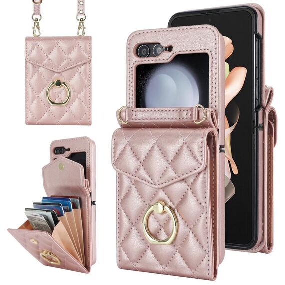 Per Samsung Galaxy Z Flip6 Custodia per telefono con slot per schede RFID a reticolo diamantato con supporto ad anello (oro rosa)