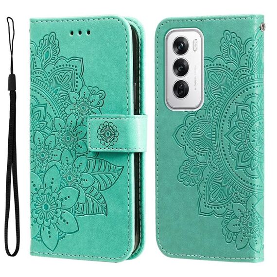Per OPPO Reno12 5G Custodia per telefono in pelle con goffratura globale a sette petali di fiori (verde)