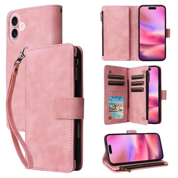 Per iPhone 16 Custodia a tracolla in pelle con cerniera per portafoglio con slot multischeda (rosa)