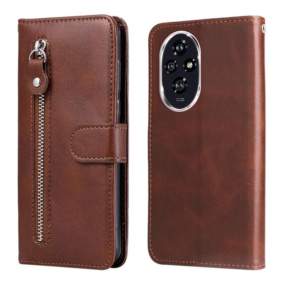 Custodia per cellulare in pelle con cerniera alla moda per Honor 200 (marrone)