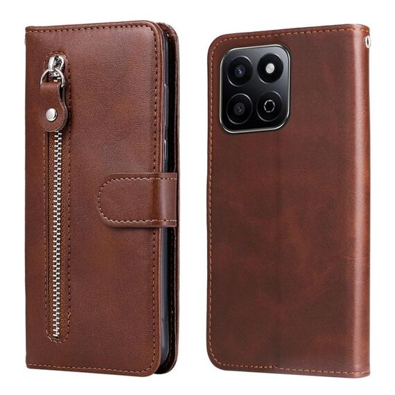 Custodia per telefono in pelle con cerniera e motivo a vitello alla moda per Honor Play 60 Plus (marrone)