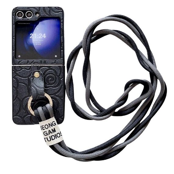 Per Samsung Galaxy Z Flip6 Impression Camellia Pattern Custodia protettiva per telefono con anello di diamanti e cordino lungo (nero)