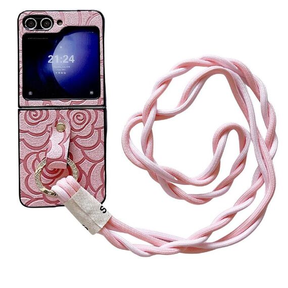 Per Samsung Galaxy Z Flip6 Custodia protettiva con motivo Camelia Impression con anello di diamanti e cordino lungo (rosa)