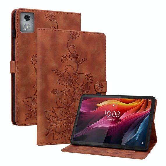 Custodia per tablet in pelle goffrata giglio per Lenovo Tab K11 Plus (marrone)