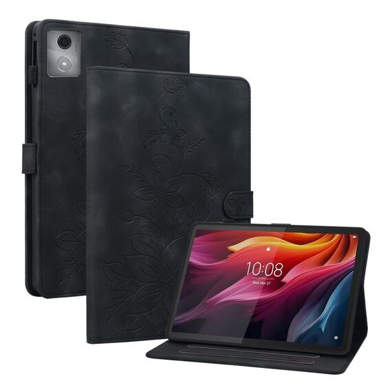 Custodia per tablet in pelle goffrata giglio per Lenovo Tab K11 Plus (nera)