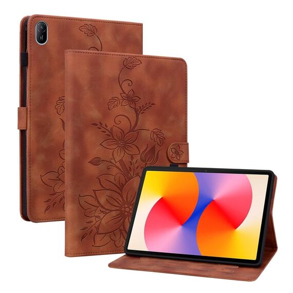 Custodia per tablet in pelle goffrata giglio per Huawei MatePad SE 11 2024 (marrone)