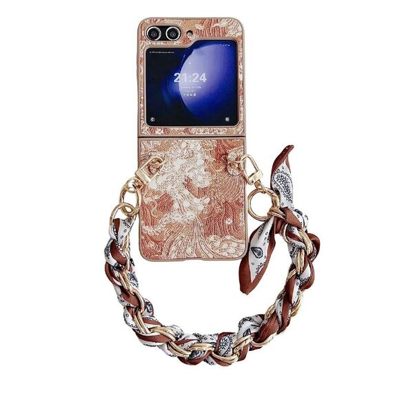 Per Samsung Galaxy Z Flip6 Custodia per telefono a copertura totale in stile ricamo fai-da-te con sciarpa/bracciale (arancione)