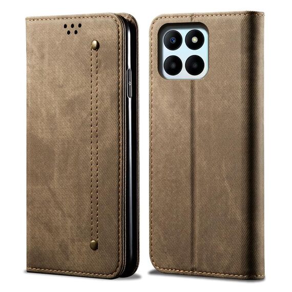 Custodia per telefono in pelle flip con texture denim globale per Honor X6b 4G (cachi)