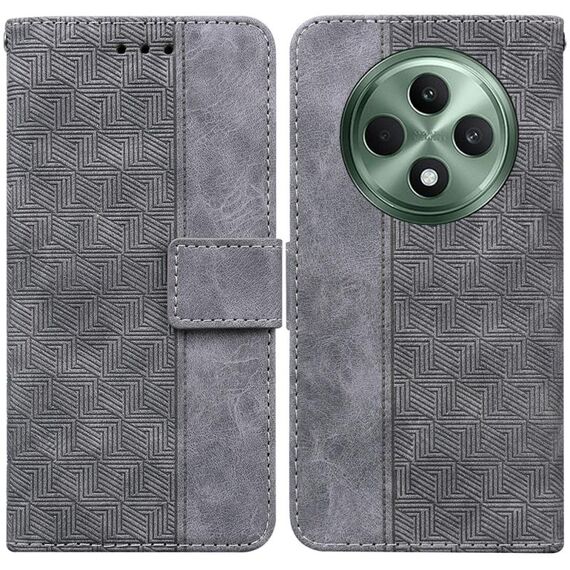 Per OPPO Reno12 F 5G Custodia per telefono in pelle con motivo geometrico in rilievo (grigio)