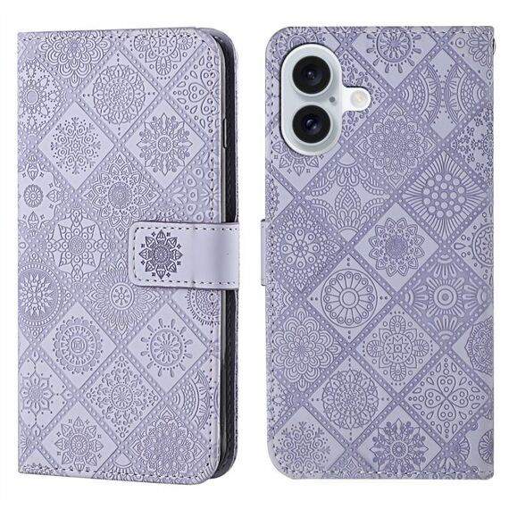 Per iPhone 16 Custodia per telefono in pelle con motivo in rilievo in stile etnico (viola)