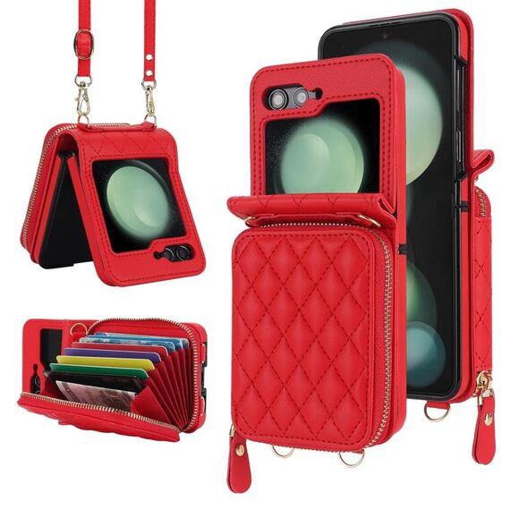 Per Samsung Galaxy Z Flip6 Custodia per telefono con motivo rombica e doppio cordino (rosso)