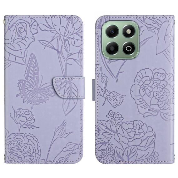 Custodia in pelle flip con motivo a farfalla in rilievo per Honor X6b HT03 (viola)