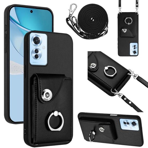 Per OPPO Reno11 F Thai Version Organ Card Bag Ring Holder Custodia per telefono con cordino lungo (nero)