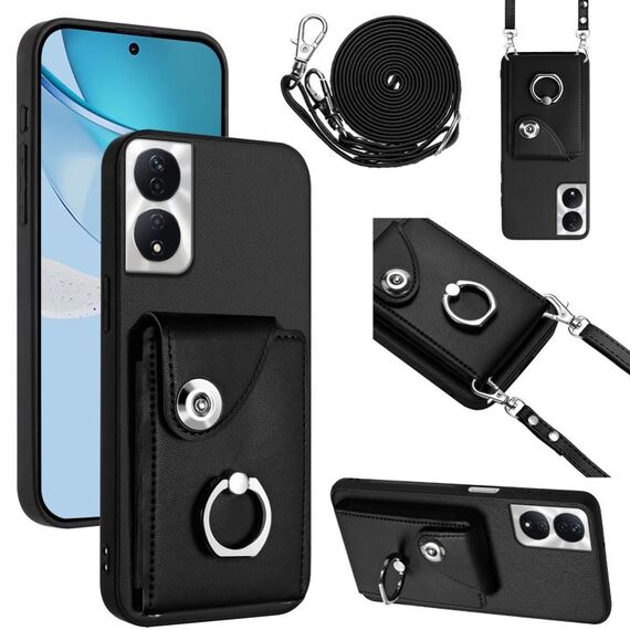 Per Honor X7b / Play 8T 5G Custodia per telefono con anello porta carte organo con cordino lungo (nero)
